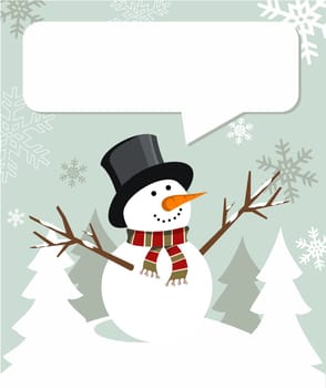 Snowman illustration wearing hat and scarf with dialogue balloon on snowy background.  Vector file available.