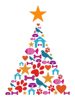 Christmas tree shape made with pets icons set.