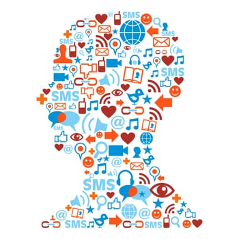 Human head shape made with social media icons set.
