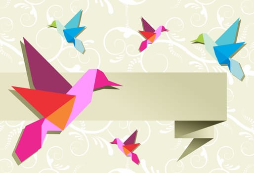 Origami hummingbird design in pastel colors palette background. Vector file available.