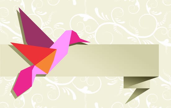 One Origami hummingbird over floral design banner background. Vector file available.