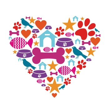 Heart shape made with pets care icons set.