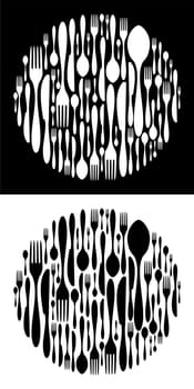 White and black circle shape made of cutlery icons. Fork, knife and spoon silhouettes. Vector available
