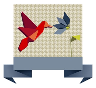 Single Origami hummingbird over textile seamless pattern background. Vector file available.