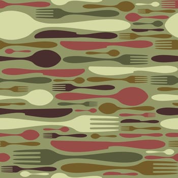 Cutlery icons seamless pattern background. Fork, knife and spoon silhouettes on different sizes and colors. Vector available.