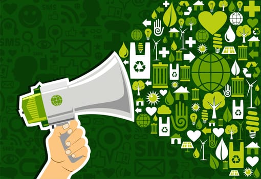 Hand holding a megaphone promotel eco friendly icons over green background. Vector file available.