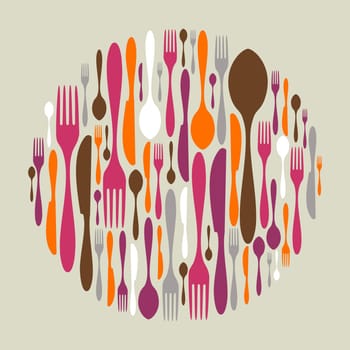 Circle shape made of cutlery icons. Fork, knife and spoon silhouettes. Vector avaliable