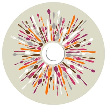 Circle restaurant background. Fork, knife and spoon silhouettes on different sizes and colors around white dish. Vector available