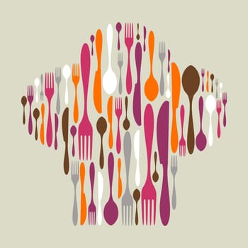 Chef hat shape made of cutlery icons. Multicolored fork, knife and spoon silhouettes. Vector available