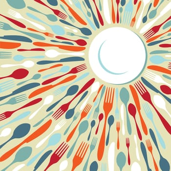 Restaurant background. Fork, knife and spoon silhouettes on different sizes and colors around white dish. Vector available