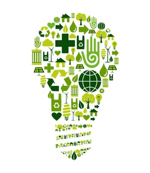 Green bulb silhouette made with environmental icons set.