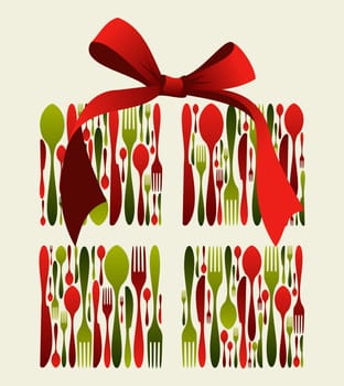 Christmas gift Cutlery. Fork, spoon and knife pattern forming a gift box with a ribbon on top. Usable as invitation card. Vector file available.