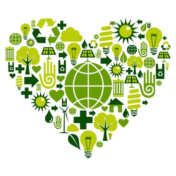 Heart with environmental icons in green . Vector file available.