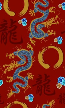 Blue and golden dragon pattern on red background. Vector file available