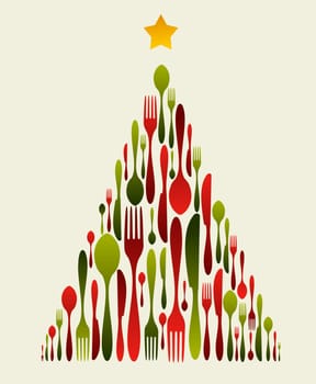 Christmas Tree Cutlery. Fork, spoon and knife pattern forming a Christmas tree with a shiny star on top. Usable as invitation card. Vector file available.
