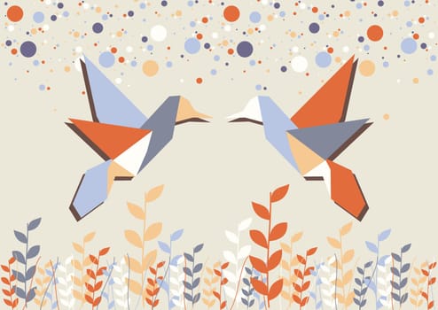 Couple of Origami hummingbird in pastel tones background. Vector file available.