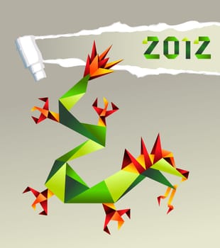 Single colorful China origami dragon with 2012 year on gray background.  Vector file available.