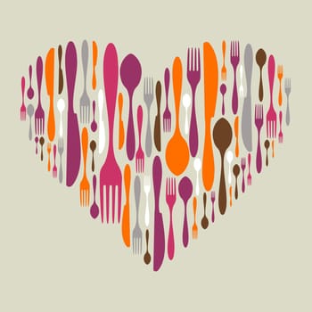 Multicolored cutlery icon set in heart shape. Fork, knife and spoon silhouettes. Vector available