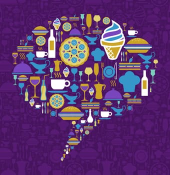 Dialogue bubble shape made with gourmet icons on a violet background. Vector file available.