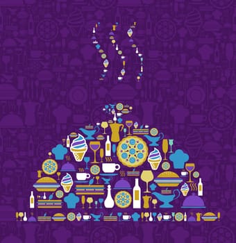 Tray shape made with gourmet icon set on violet background. Vector file available.