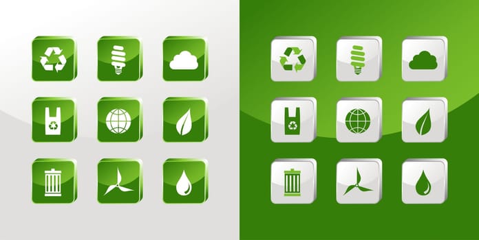 Environment icons glass set over light and dark background. Vector file available