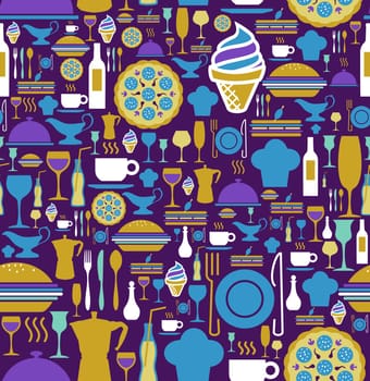 Block colors gourmet icon set seamless pattern background. Vector file available.