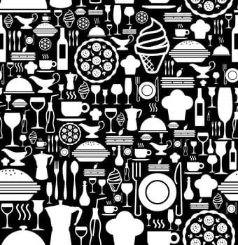 Black and white gourmet icon set seamless pattern background. Vector file available.