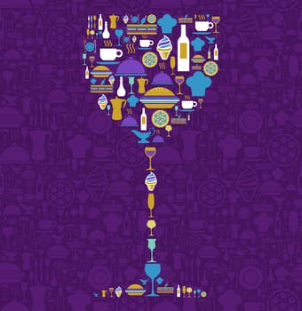 Wine glass shape made with food and beverage icon set over violet background. Vector file available.