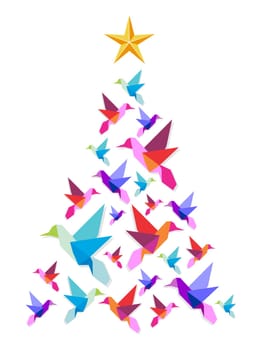 Christmas tree made of multicolored hummingbirds with a star on the top on white background. Vector file available.