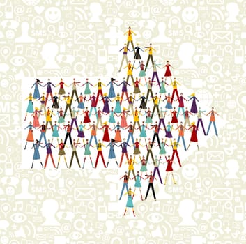 Taked by hands people group in an arrow shape symbol. Social icons set pattern background.