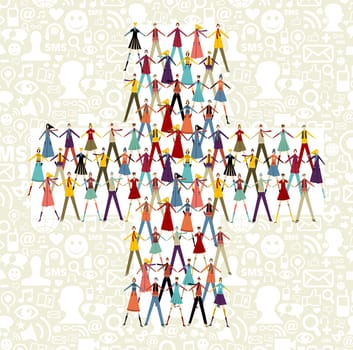 Taked by hands people group in plus symbol shape. Social icons set pattern background.