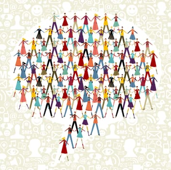 Taked by hands people group in speech bubble shape. Social icons set pattern background.