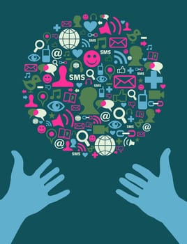 Social media icon set in Earth shape and two blue human hands extended. Vector file available.