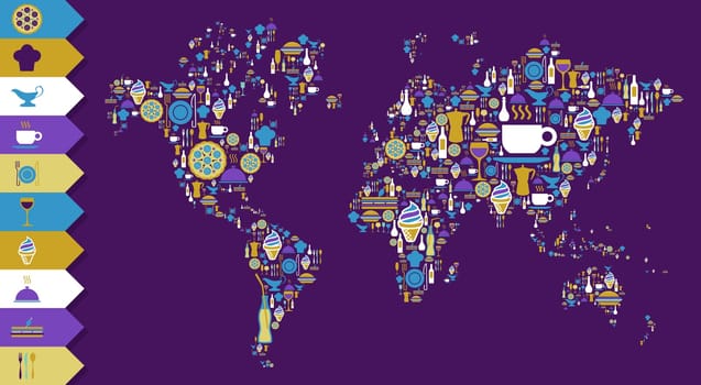 Globe world map shape made with gourmet icons over violet background. Vector file available.