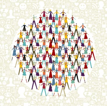 Taked by hands people group in circle shape. Social icons set pattern background.