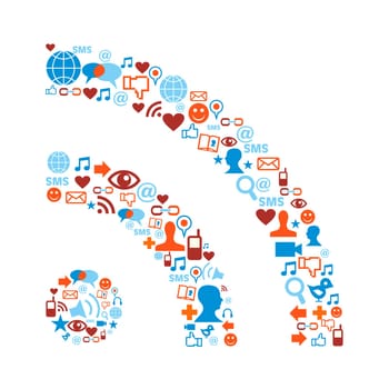 Social media icons set in RSS symbol shape composition