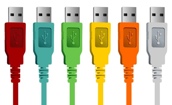 Set of USB cables in various colors isolated over white background. Vector file available.