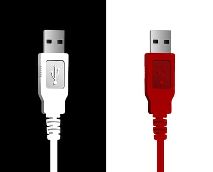 USB cables in red and white on black and white background. Vector file available.