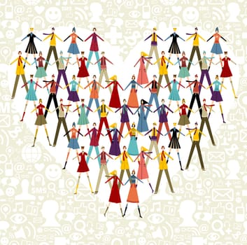 Taked by hands winter people group in heart shape symbol. Social icons set pattern background.