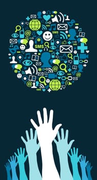 Several hands trying to reach a globe made with social media icons on blue background. Vector file available.