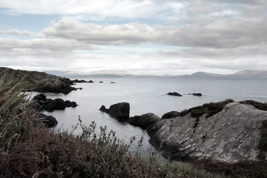 kerry scenic view in ireland with mountains against a beautiful blue cloudy sky
