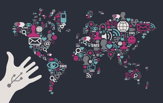 Social media icons set in World Map shape with one USB white hand over black background. Vector file available.