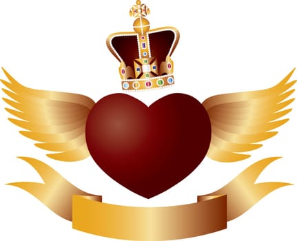 Flying Red Heart with Crown Jewels Wings and Banner Illustration