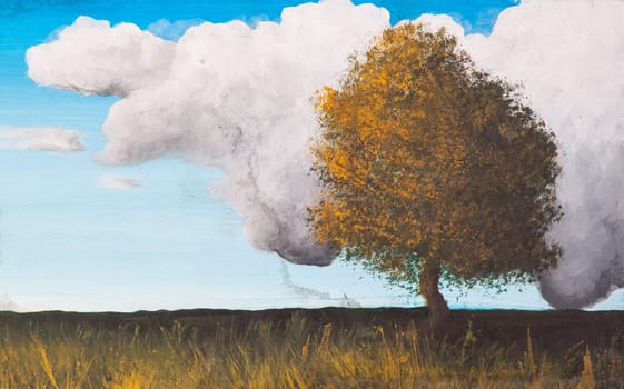 Landscape, trees and cloudy sky - Paint on canvas