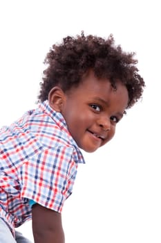 Portrait of a cute black baby boy, isolated on white background