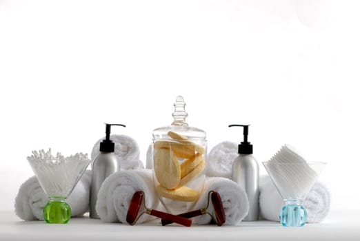 Various professional spa products arranged on a white background