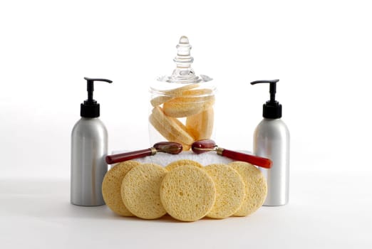 Various professional spa products arranged on a white background