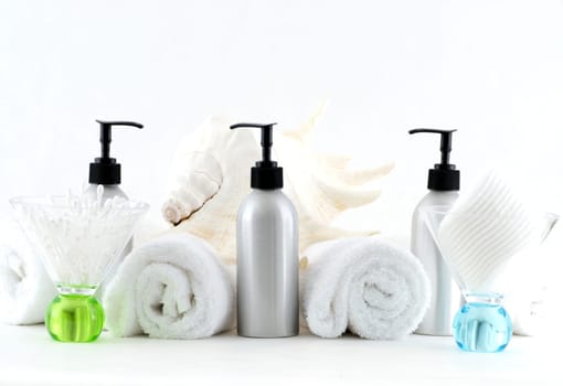Various professional spa products arranged on a white background