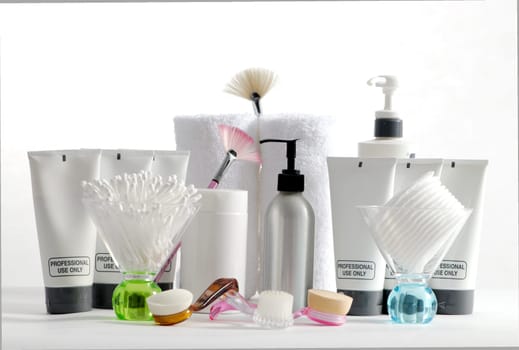 Various professional spa products arranged on a white background