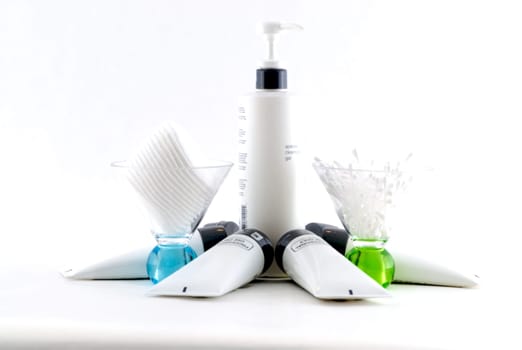 Various professional spa products arranged on a white background